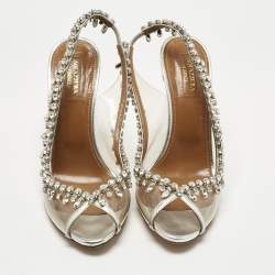 Pre Owned Aquazzura Silver/Transparent Leather and PVC Temptation Slingback Sandals Size 38