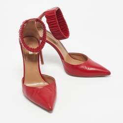Pre Owned Aquazzura Red Leather Ankle Cuff Pointed Toe Sandals Size 38.5