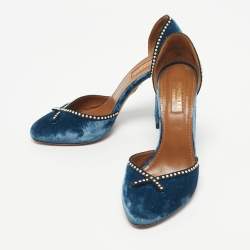 Pre Owned Aquazzura Blue Velvet Embellishment Block Heel D'orsay Pumps Size 37
