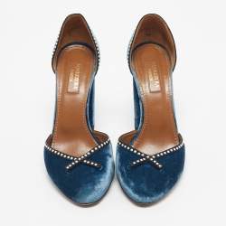 Pre Owned Aquazzura Blue Velvet Embellishment Block Heel D'orsay Pumps Size 37