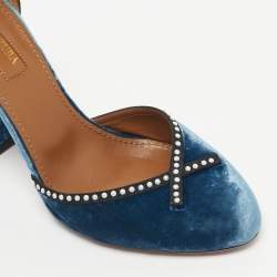 Pre Owned Aquazzura Blue Velvet Embellishment Block Heel D'orsay Pumps Size 37