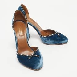 Pre Owned Aquazzura Blue Velvet Embellishment Block Heel D'orsay Pumps Size 37