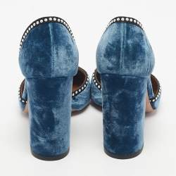 Pre Owned Aquazzura Blue Velvet Embellishment Block Heel D'orsay Pumps Size 37