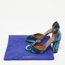 Pre Owned Aquazzura Blue Velvet Embellishment Block Heel D'orsay Pumps Size 37