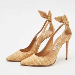Pre Owned Aquazzura Beige Woven Raffia Bow Tie Pumps Size 35