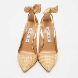 Pre Owned Aquazzura Beige Woven Raffia Bow Tie Pumps Size 35