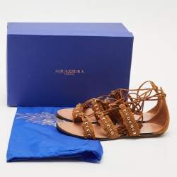 Pre Owned Aquazzura Brown Suede Studded Tulum Flat Sandals Size 37