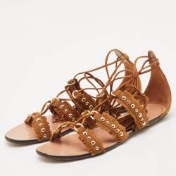 Pre Owned Aquazzura Brown Suede Studded Tulum Flat Sandals Size 37