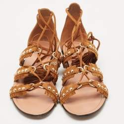 Pre Owned Aquazzura Brown Suede Studded Tulum Flat Sandals Size 37