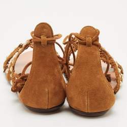 Pre Owned Aquazzura Brown Suede Studded Tulum Flat Sandals Size 37