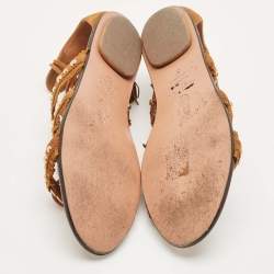 Pre Owned Aquazzura Brown Suede Studded Tulum Flat Sandals Size 37