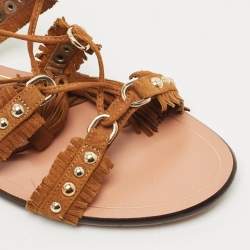 Pre Owned Aquazzura Brown Suede Studded Tulum Flat Sandals Size 37