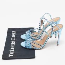 Pre Owned Aquazzura Blue PVC and Leather Crystal Embellished Tequila Sandals Size 38