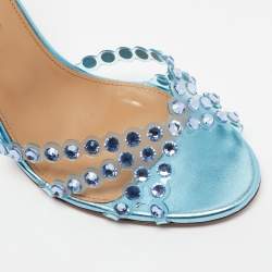 Pre Owned Aquazzura Blue PVC and Leather Crystal Embellished Tequila Sandals Size 38