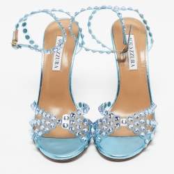 Pre Owned Aquazzura Blue PVC and Leather Crystal Embellished Tequila Sandals Size 38
