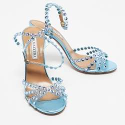 Pre Owned Aquazzura Blue PVC and Leather Crystal Embellished Tequila Sandals Size 38