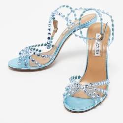 Pre Owned Aquazzura Blue PVC and Leather Crystal Embellished Tequila Sandals Size 38