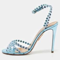 Pre Owned Aquazzura Blue PVC and Leather Crystal Embellished Tequila Sandals Size 38