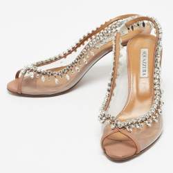Pre Owned Aquazzura Beige/Transparent PVC And Leather Temptation Crystal Pumps Size 39.5