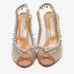 Pre Owned Aquazzura Beige/Transparent PVC And Leather Temptation Crystal Pumps Size 39.5