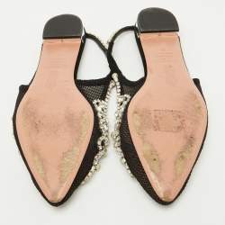 Pre Owned Aquazzura Black Mesh Crystal Embellished Marahani Slingback Flats Size 38