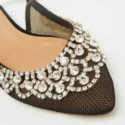 Pre Owned Aquazzura Black Mesh Crystal Embellished Marahani Slingback Flats Size 38