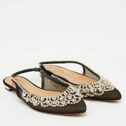 Pre Owned Aquazzura Black Mesh Crystal Embellished Marahani Slingback Flats Size 38