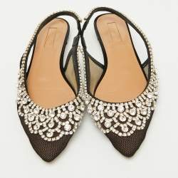 Pre Owned Aquazzura Black Mesh Crystal Embellished Marahani Slingback Flats Size 38