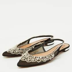 Pre Owned Aquazzura Black Mesh Crystal Embellished Marahani Slingback Flats Size 38