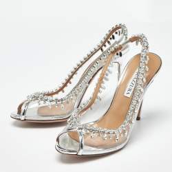 Pre Owned Aquazzura Silver PVC and Leather Temptation Peep Toe Pumps Size 38.5