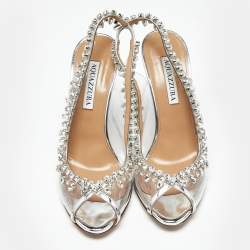 Pre Owned Aquazzura Silver PVC and Leather Temptation Peep Toe Pumps Size 38.5