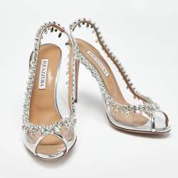 Pre Owned Aquazzura Silver PVC and Leather Temptation Peep Toe Pumps Size 38.5