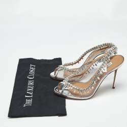 Pre Owned Aquazzura Silver PVC and Leather Temptation Peep Toe Pumps Size 38.5