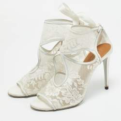 Pre Owned Aquazzura White Lace and Satin Sexy Thing Bridal Cut Out  Ankle Wrap Sandals Size 40.5
