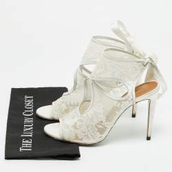 Pre Owned Aquazzura White Lace and Satin Sexy Thing Bridal Cut Out  Ankle Wrap Sandals Size 40.5