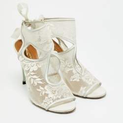 Pre Owned Aquazzura White Lace and Satin Sexy Thing Bridal Cut Out  Ankle Wrap Sandals Size 40.5