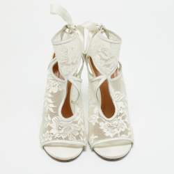 Pre Owned Aquazzura White Lace and Satin Sexy Thing Bridal Cut Out  Ankle Wrap Sandals Size 40.5