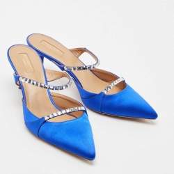 Pre Owned Aquazzura Blue Satin Crystal Embellished Mule Sandals Size 39.5