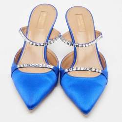 Pre Owned Aquazzura Blue Satin Crystal Embellished Mule Sandals Size 39.5