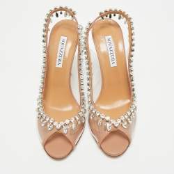 Pre Owned Aquazzura Silver/Transperent Leather and PVC Temptation Peep Toe Pumps Size 39.5