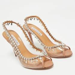 Pre Owned Aquazzura Silver/Transperent Leather and PVC Temptation Peep Toe Pumps Size 39.5