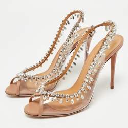 Pre Owned Aquazzura Silver/Transperent Leather and PVC Temptation Peep Toe Pumps Size 39.5