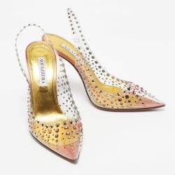 Pre Owned Aquazzura Transparent PVC Crystal Embellished Slingback Pumps Size 38.5