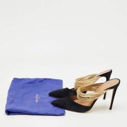 Pre Owned Aquazzura Black/Gold  Suede And Leather Rendez Vous Pointed Toe Mules Size 39