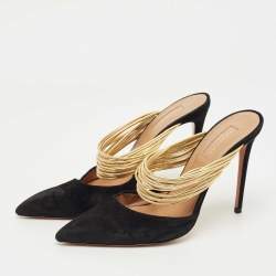 Pre Owned Aquazzura Black/Gold  Suede And Leather Rendez Vous Pointed Toe Mules Size 39