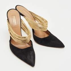 Pre Owned Aquazzura Black/Gold  Suede And Leather Rendez Vous Pointed Toe Mules Size 39
