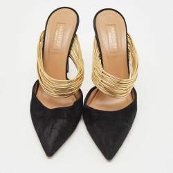 Pre Owned Aquazzura Black/Gold  Suede And Leather Rendez Vous Pointed Toe Mules Size 39