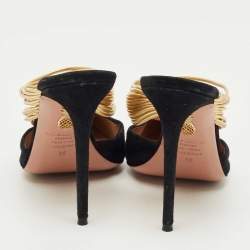 Pre Owned Aquazzura Black/Gold  Suede And Leather Rendez Vous Pointed Toe Mules Size 39