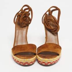 Pre Owned Aquazzura Brown Suede Baru 105 Lace Up Espadrille Wedge Sandals Size 35.5