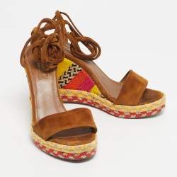 Pre Owned Aquazzura Brown Suede Baru 105 Lace Up Espadrille Wedge Sandals Size 35.5